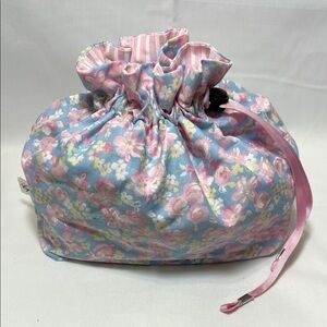 Handmade Floral Pink & Blue Cosmetic/Makeup/Jewelry Drawstring Pouch